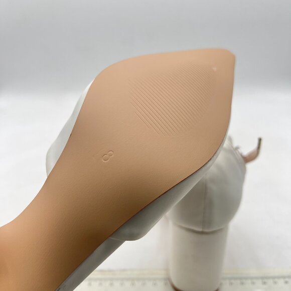 FYS White Pointed Toe Pumps Ankle Strap Chunky Mid Heel D'orsays V Cut Shoes - Picture 7 of 9